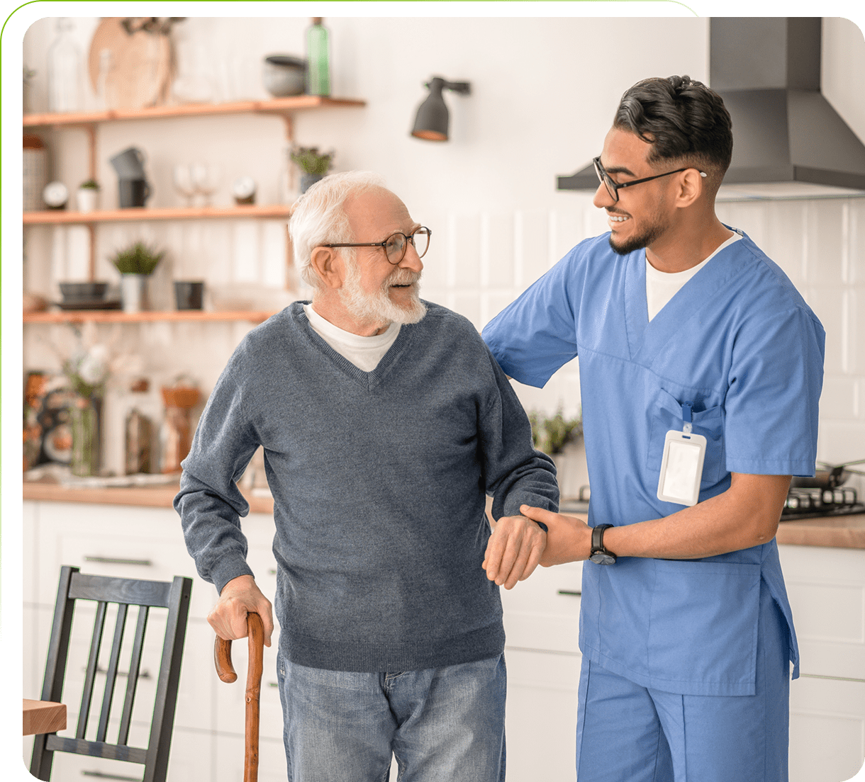Elderly man assisted by smiling caregiver.