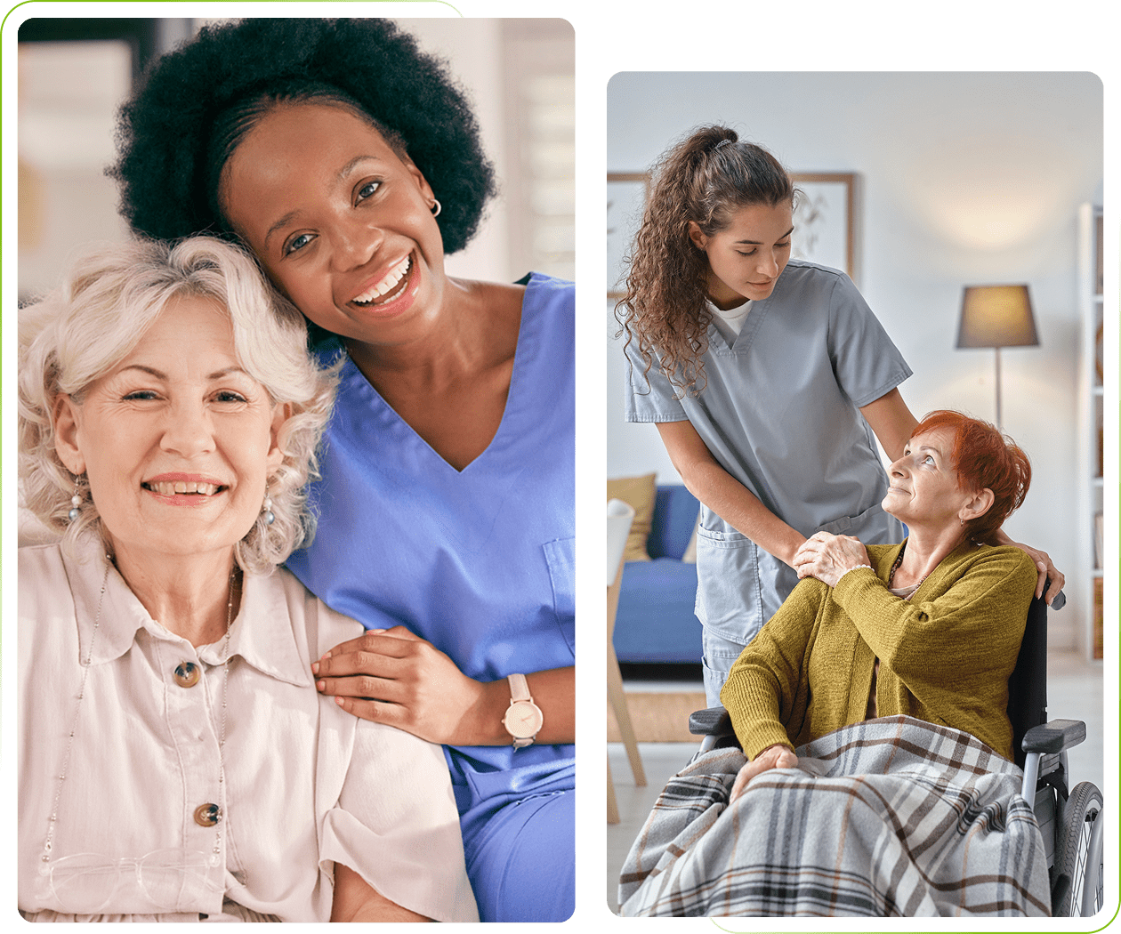 Caregivers with elderly women in comfortable settings.