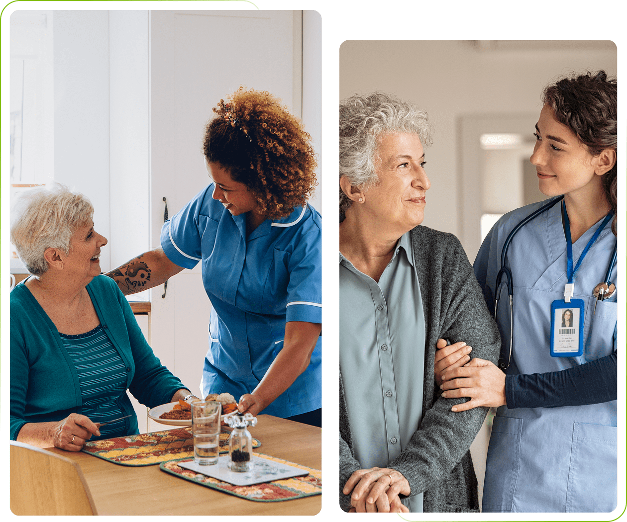 Caregivers assisting elderly women at home.